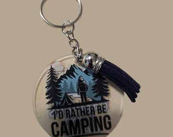 Camping Handmade  Acrylic Keychain With Black Leather Tassle: Camping Fun