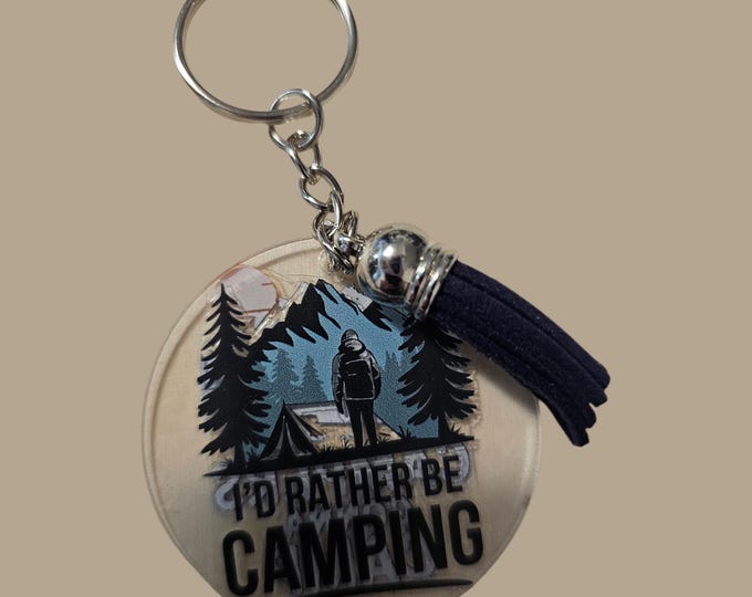 Handmade Camping Keychain: One-Of-A-Kind Acrylic with Black Leather Tassel, Campers Gonna Camp