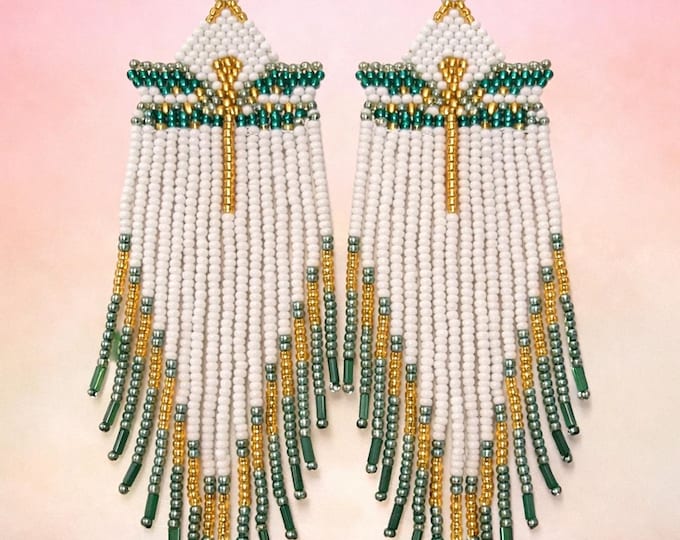 Handmade Dragonfly Beaded Fringe Earrings • Green Gold Boho Dangle Jewelry