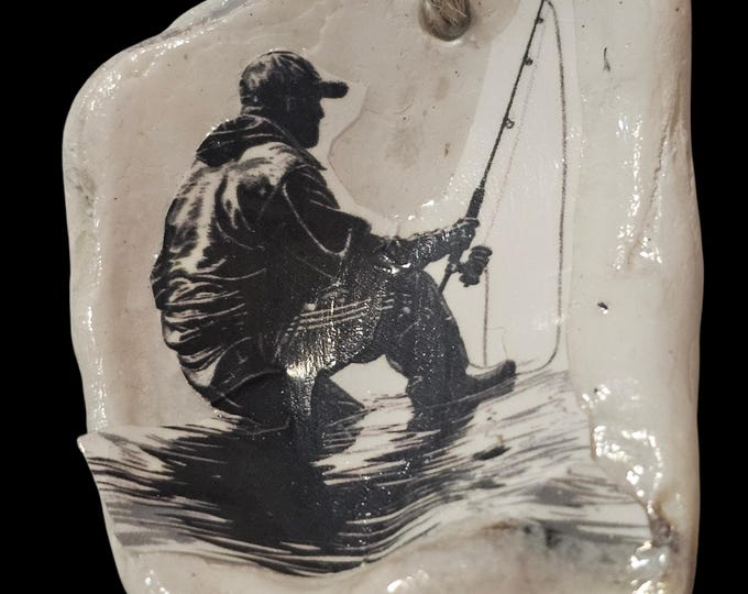 Handmade Fisherman Shell Car Charm: One-Of-A-Kind Rear View Car Mirror Hanger, Fishing