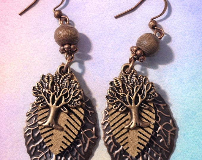 Tree of Life Earrings | Handmade Bronze Leaf Dangle with Wooden Bead