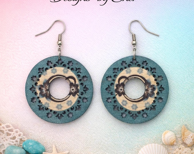 Teal Floral Round Wood Dangle Earrings | Handcrafted Boho Jewelry with Cream Accents, Lightweight Gift for Her