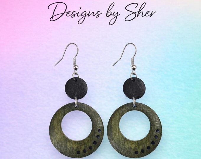 Boho Round Black & Green Wood Earrings – Handmade Minimalist Wooden Dangles