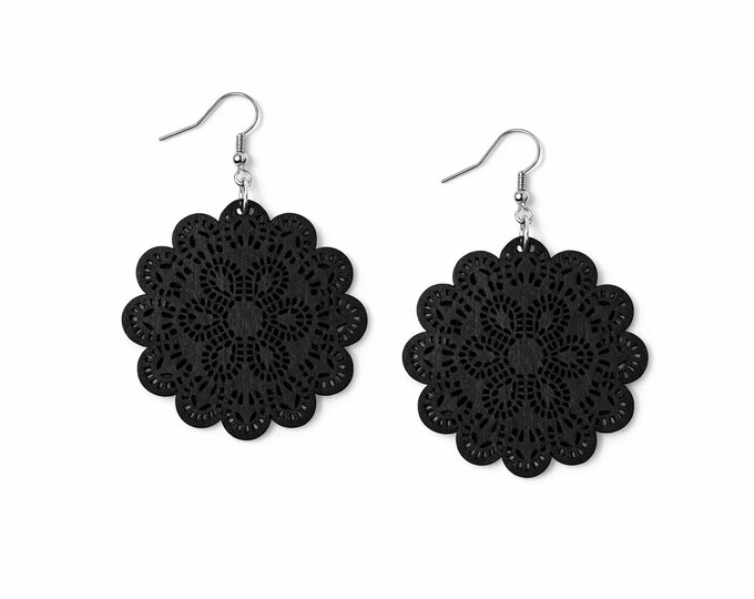 Handmade Black Floral Cut-Out Earrings – Handcrafted Wooden Dangles with Elegant Detail