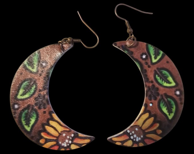 Leather Crescent Moon /w Sunflower Boho Dangle Earrings