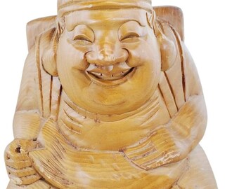 Solid Wood Laughing Buddha Statue @Everything Vintage FREE SHIPPING
