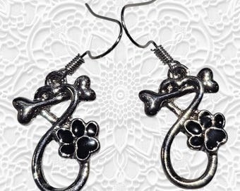 Silver Dog Bone Earrings: Puppy Dog Paw Dangle Earrings