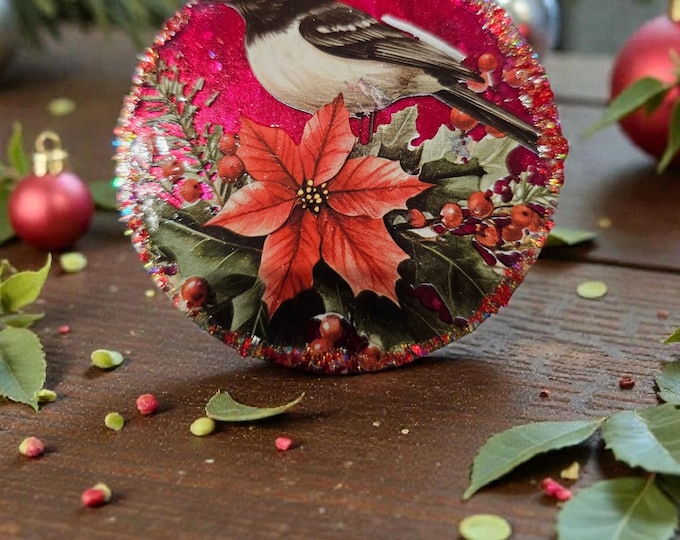 Handmade Pointsettia Christmas Ornament: One-Of-A-Kind Page Marker, Bird & Tree