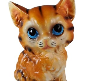 60s Cat Figurine Orange Cat Black Stripes Big Blue Eyes Japan @Everything Vintage FREE SHIPPING