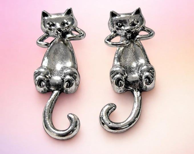 Silver Cat Dangle Earrings – Whimsical Artisan Design by Designs by Sher®