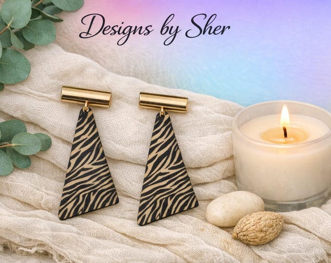 Wood Zebra Gold and Black With Gold Bar Studs | Eye Catching Wooden Tribal Dangle Earrings