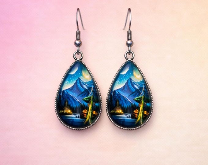 Teardrop Mountain Landscape Earrings | Hand-Painted Night Sky Jewelry | Hypoallergenic Hooks