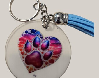 Dog Paw Heart Handmade  Acrylic Keychain With Blue Leather Tassle