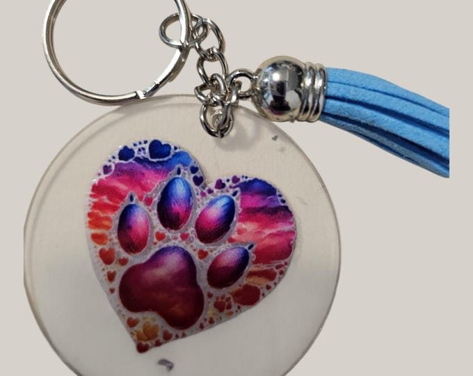 Handmade Dog Paw Keychain: One-Of-A-Kind Heart Acrylic Keychain with Blue Leather Tassel