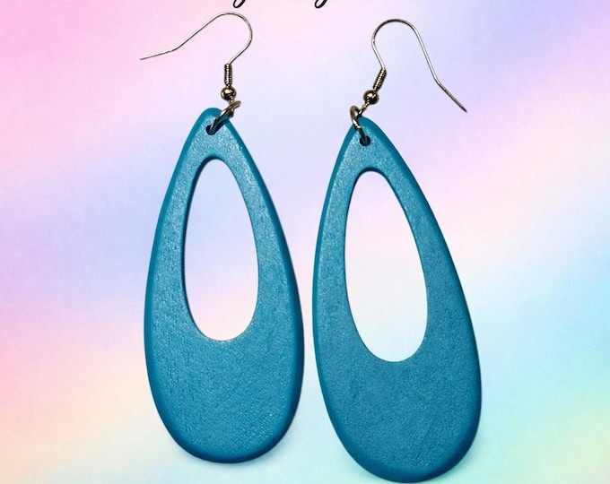 Handmade Wood Turquoise Teardrop Earrings, Lightweight Dangle Jewelry, Artisan Boho Chic
