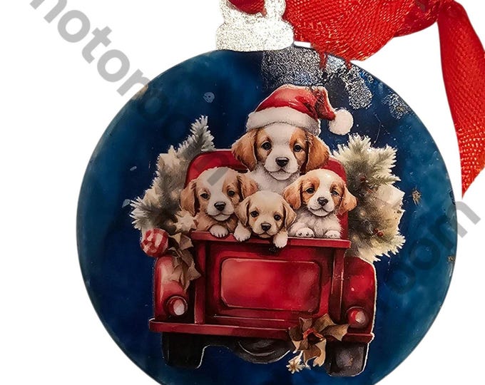 Handmade Santa Puppies Acrylic Christmas Ornament: One-Of-A-Kind Holiday Decor, Puppy Dogs in Truck Box