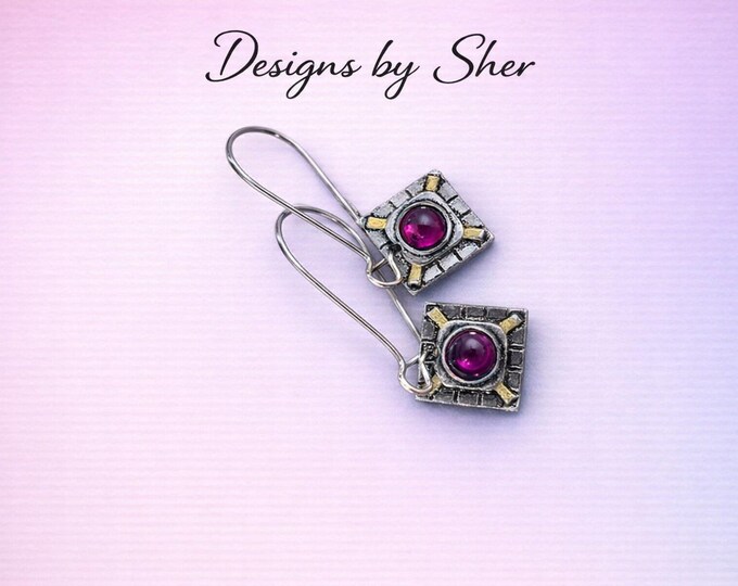 Pink Gemstone Square Dangle Earrings - Handcrafted Artisan Antiqued Silver, Gold Accents, Handmade Boho Jewelry