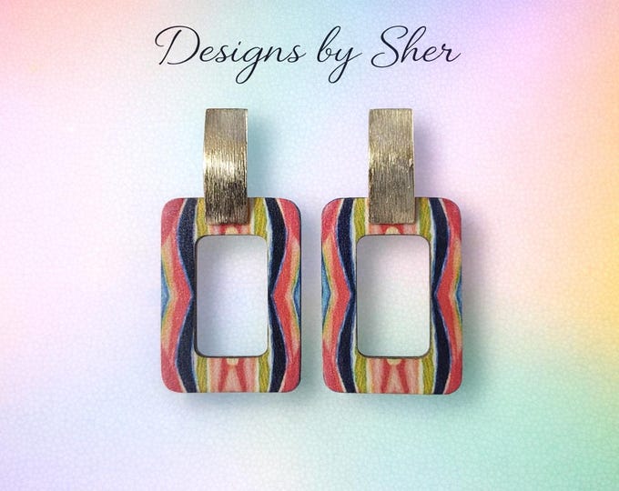 Multicolor Zigzag Wood Dangle Stud Earrings | Handcrafted Boho Geometric Statement Jewelry