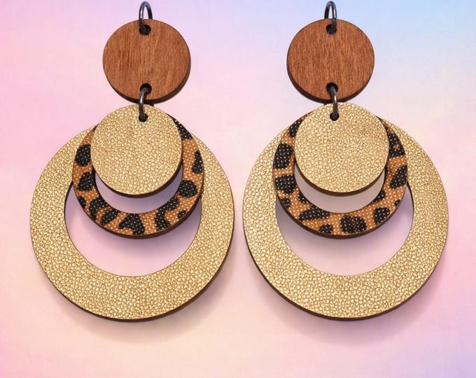 Wood and Leather Round Dangle Earrings  Handmade Boho Circular Textured Earrings