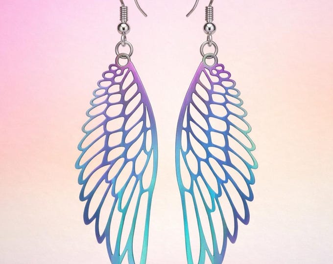 Iridescent Angel Wing Earrings  | Stainless Butterfly Dangle Earrings | Gradient Feather Jewelry, Dragonfly Drop Wings