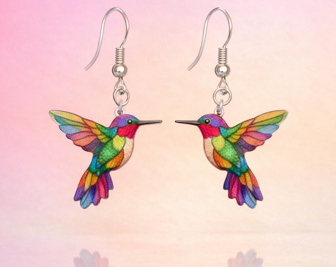 Vibrant Hummingbird Dangle Earrings – Handcrafted Acrylic Bird Jewelry by Designs by Sher