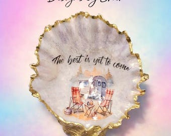 Decoupaged Shell Art, Camping Scene Decor, Gold Leaf Edge Dish