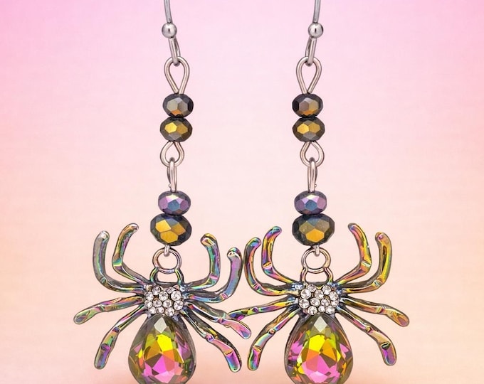 Goth Crystal Spider Dangle Earrings | Halloween Jewelry | Gothic Fashion
