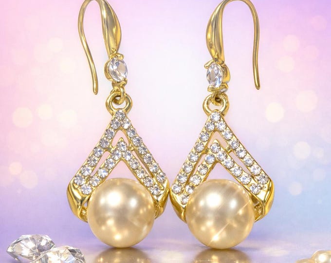 Handmade Gold Pearl Crystal Chevron Dangle Earrings – Geometric Glamour Jewelry