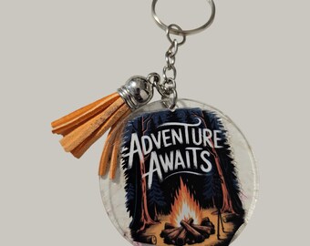 Hiking Handmade  Acrylic Keychain With Black Leather Tassle: Adventure Exploring