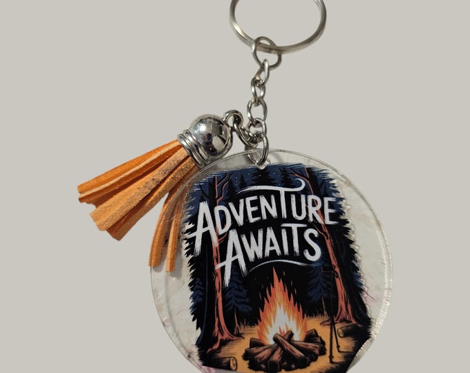 Handmade Hiking Keychain: One-Of-A-Kind Acrylic Keychain With Black Leather Tassel, Adventure Exploring