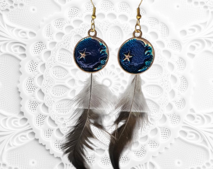 Handmade Blue Disc and Feather Dangle Earrings: Upcycled Chicken Feathers