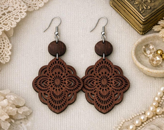 Floral Mandala Wooden Earrings – Handcrafted Elegant Wood Lace Boho Dangle Earrings