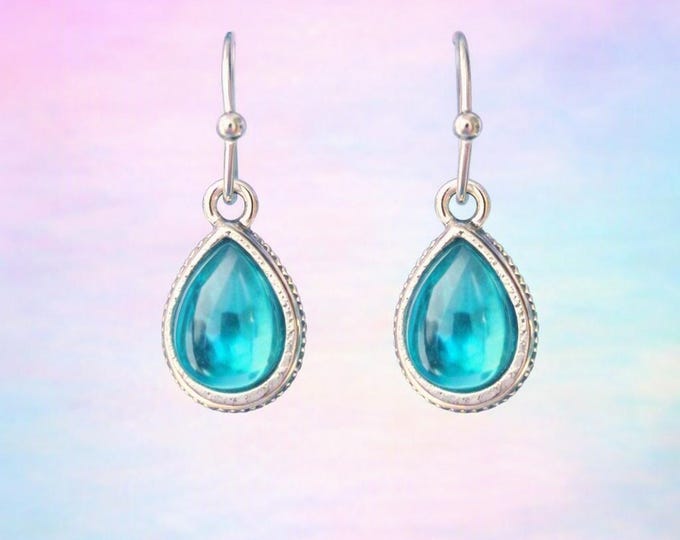 Aqua Bezel Silver Teardrop Earrings | Blue Green Cabochon Handmade Designs by Sher