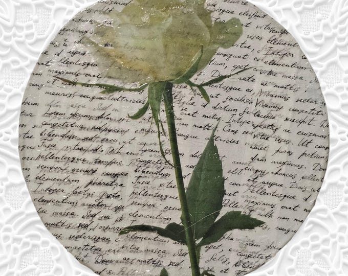 Handmade White Rose Wood Coaster: One-Of-A-Kind  Wooden Coasters, Roses