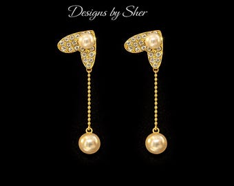 Gold Crystal Heart Pearl Dangle Earrings • Lightweight Romantic Jewelry