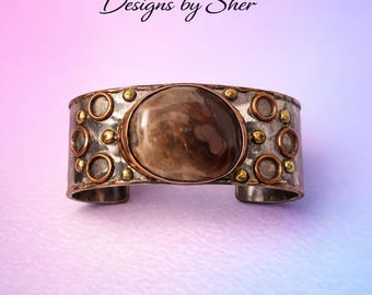 Handmade Mixed Metal Cuff Bracelet | Smoky Gemstone, Rustic Copper Silver Boho Jewelry