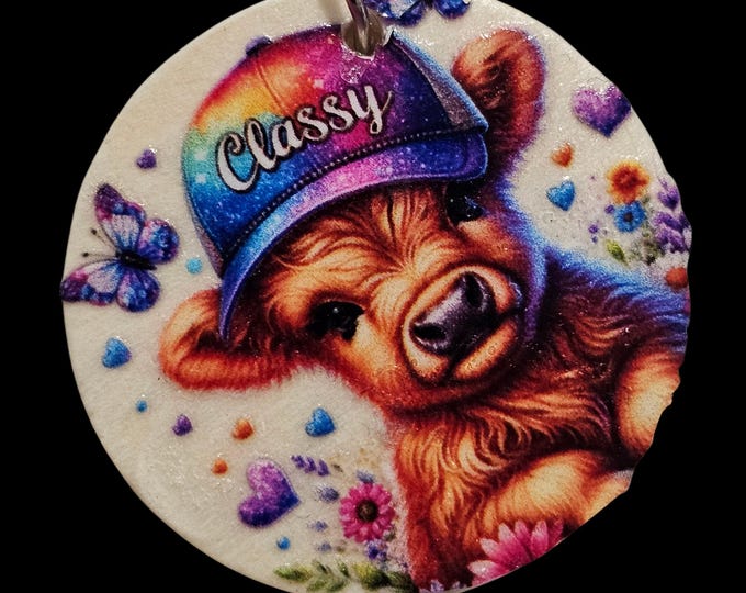 Handmade Cow Wood Keychain: One-Of-A-Kind Round Wooden Key Chain, Round,