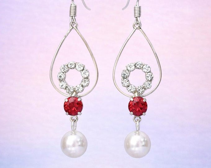 Handmade Red Crystal Pearl Teardrop Earrings – Elegant Silver Dangle Design