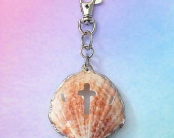 Handmade Scallop Shell Cross Purse Charm | Natural Seashell Zipper Pull (2"x2")