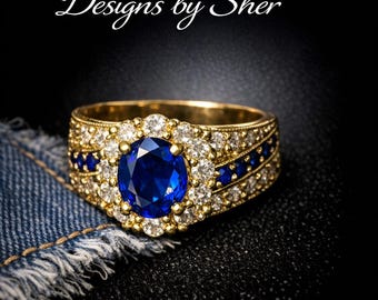 Blue Sapphire and Diamond Halo Ring in Gold | Size 6
