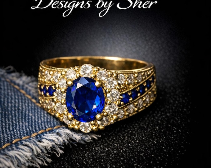 Blue Sapphire and Diamond Halo Ring in Gold | Size 6