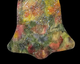 Handmade Wood Bell Christmas Ornament, Glitter Floral Design