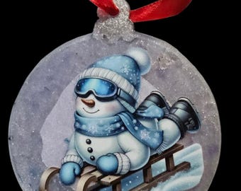 Handmade Christmas Ornament: Red Cardinal and Snowman on Tobogan
