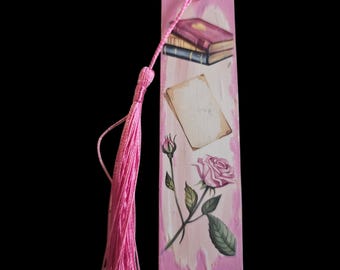 Pink Handmade Wooden Bookmark with Tassle: Wood Bookmark, Books and Roses