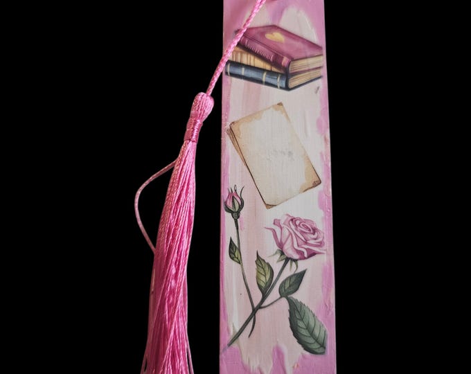 Handmade Rose Wood Bookmark: One-Of-A-Kind Wooden Bookmark with Tassel, Books and Pink Roses