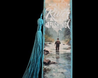 Fishing Handmade Wooden Bookmark with Tassle: Wood Bookmark, Fisherman, Fish