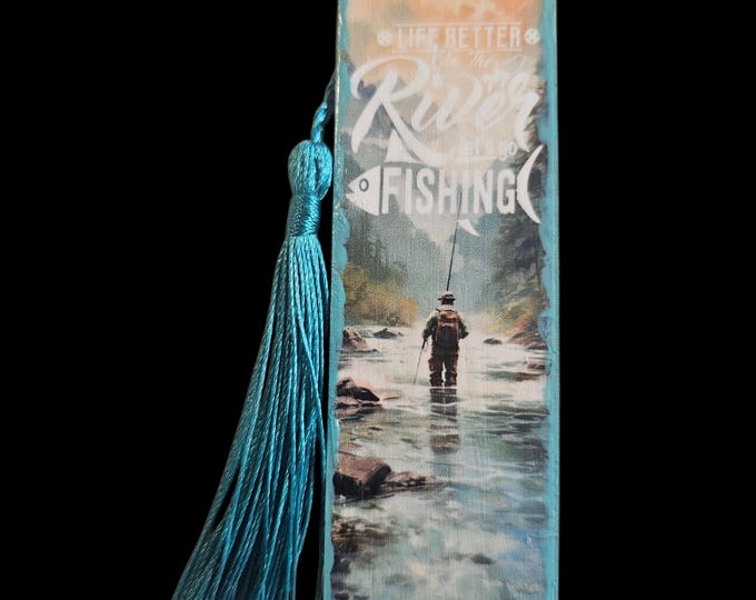 Handmade Wood Fishing Bookmark: Fisherman Wooden Page Marker with Tassel
