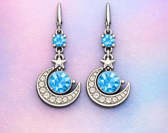 Blue Gemstone Crescent Moon Star Dangle Earrings | Boho Jewelry