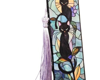 Handmade Wooden Bookmark with Tassle: Gothic Wood Bookmark - Cats