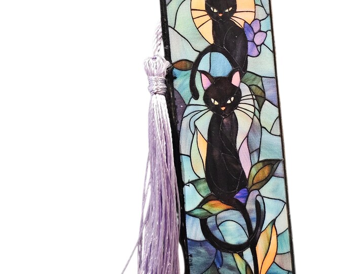 Handmade Gothic Wood Bookmark: One-Of-A-Kind Mystic Wooden Page Marker with Tassel, Cats